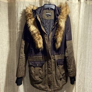 Express womens coat black and olive green with faux fur hood removable by zipper